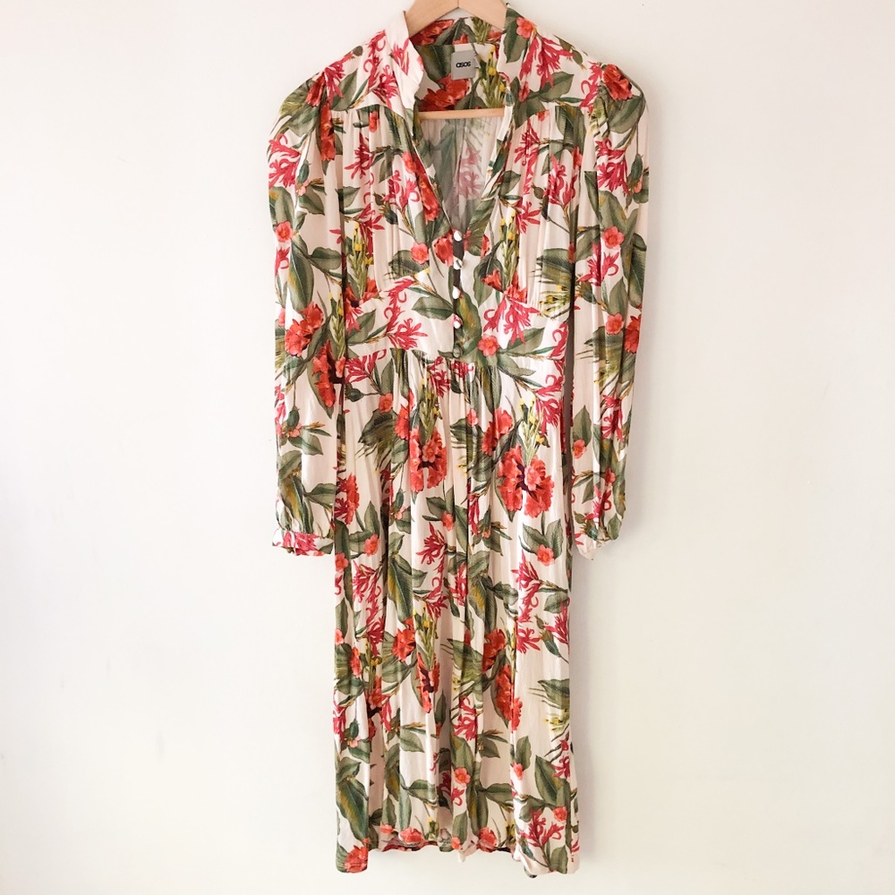 ASOS Long Sleeve Tropical Print Midi Dress Size 4
